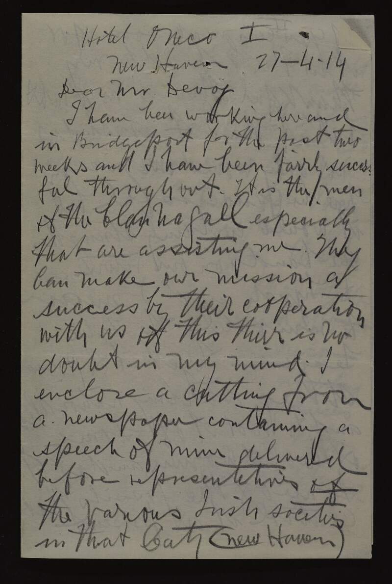 Copy of a letter from Thomas Ashe to John Devoy regarding the Gaelic League and partition, written by Joseph McGarrity,