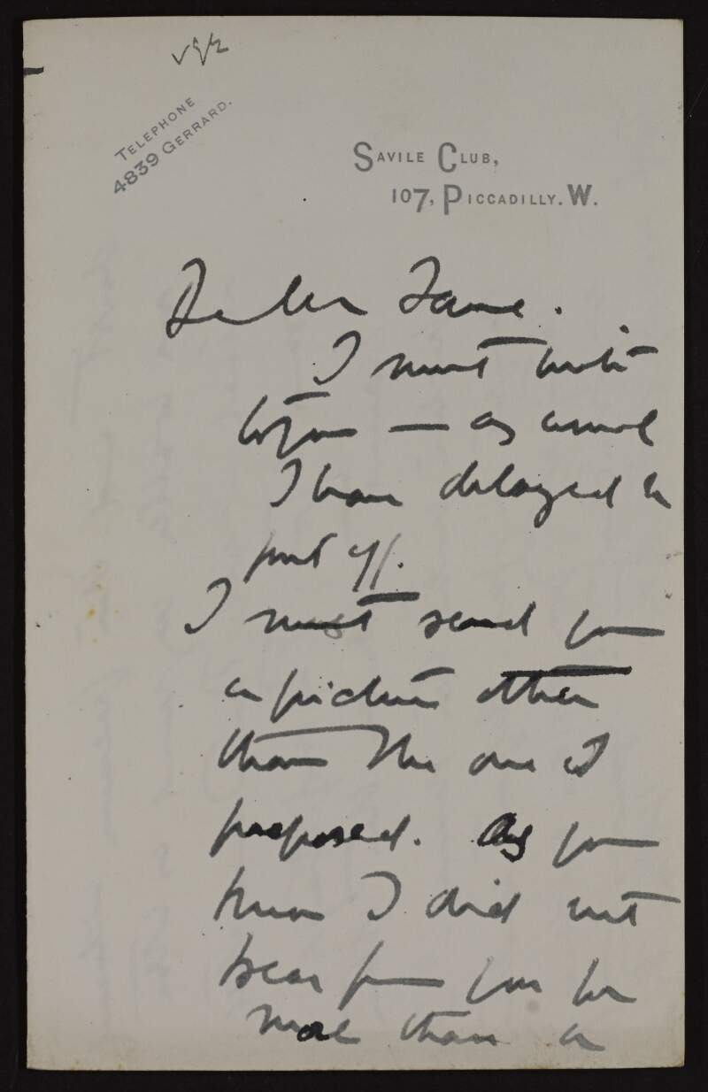 Letter from H. Harris Brown to Hugh Lane apologising for the delay in responding and explaining that he needs to donate a different painting to the one originally promised,