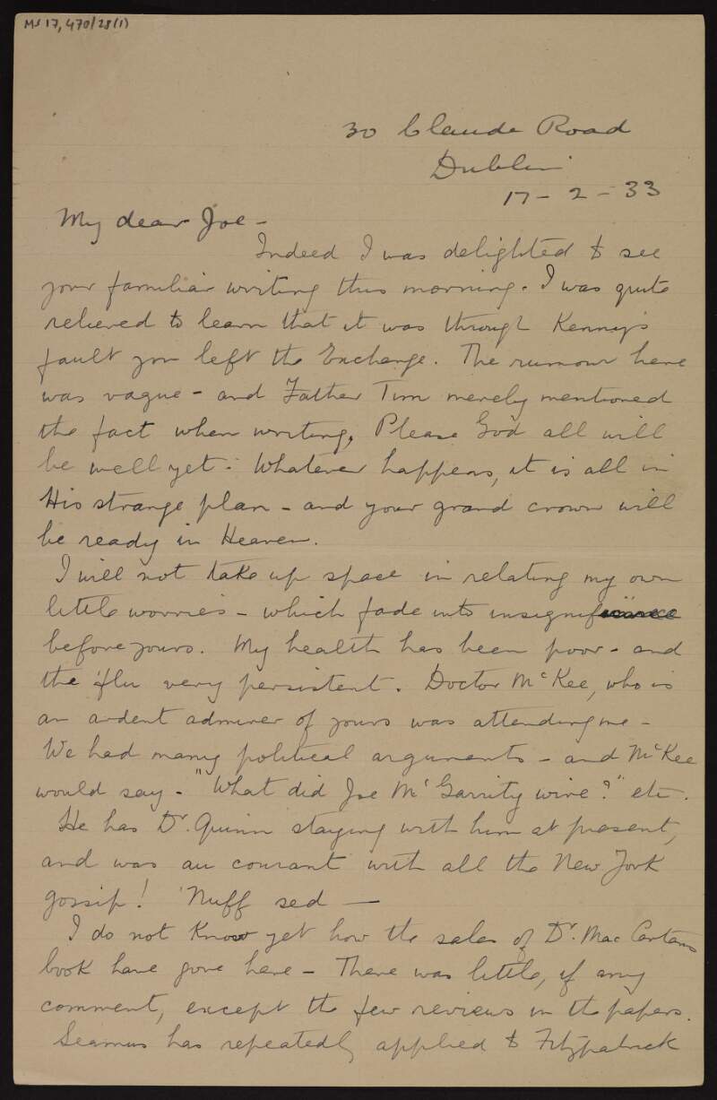 Letter from Katherine O'Doherty to Joseph McGarrity about her poor health, the low-key reaction to Patrick McCartan's book, telling him to thank her mother for the frock to her daughter Roisin, and discussing the jobs of her friends,
