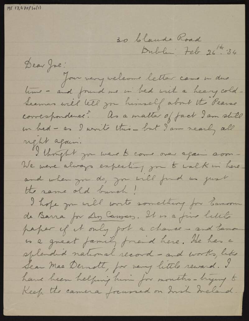Letter from Katherine O'Doherty to Joseph McGarrity, discussing her cold, the Golden Jubilee of the GAA, and how her children are doing,