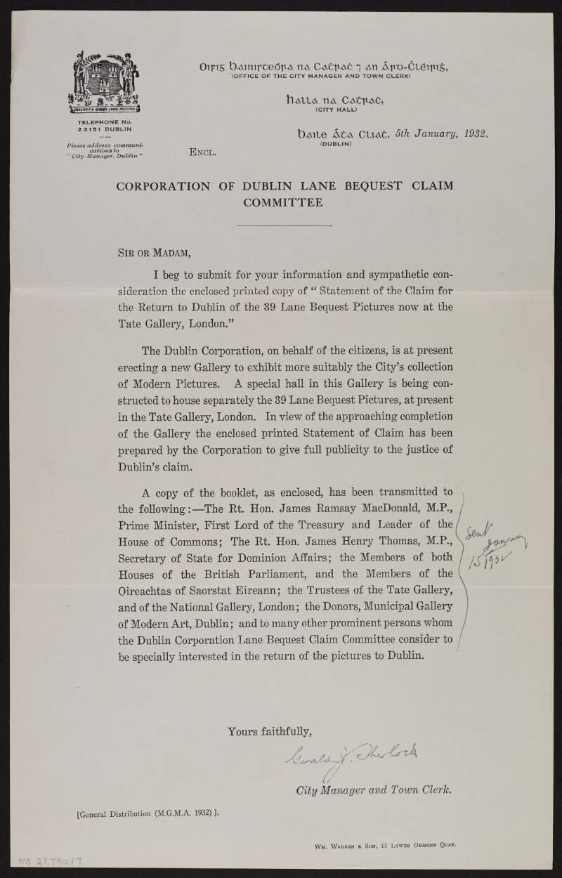 Circular letter from Gerald J. Sherlock, City Manager and Town Clerk, on behalf of the Corporation of Dublin Lane Bequest Claim Committee, enclosing a copy of 'Statement of the claim for the return to Dublin of the 39 Lane bequest pictures now at the Tate Gallery, London',