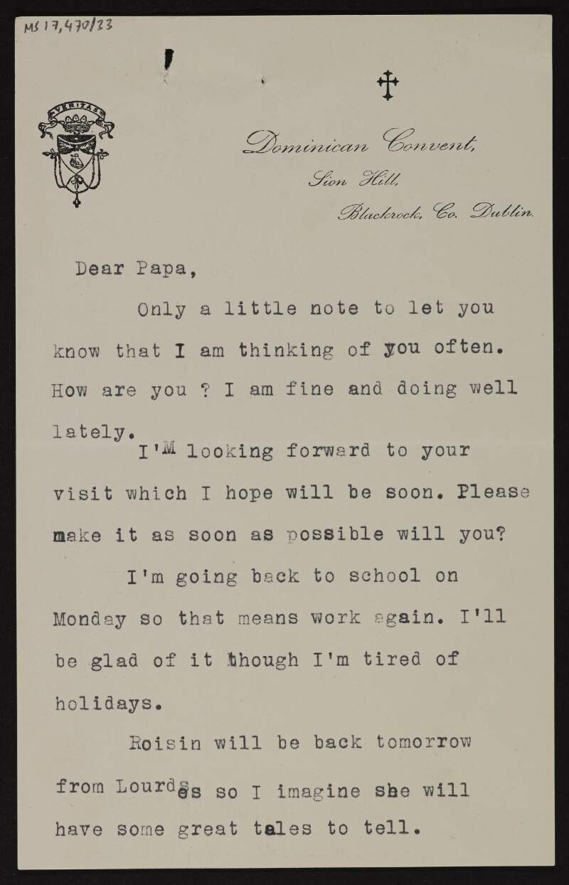 Letter from Ann McGarrity to Joseph McGarrity about how often she is thinking of him, and asking for his visit to be as soon as possible,