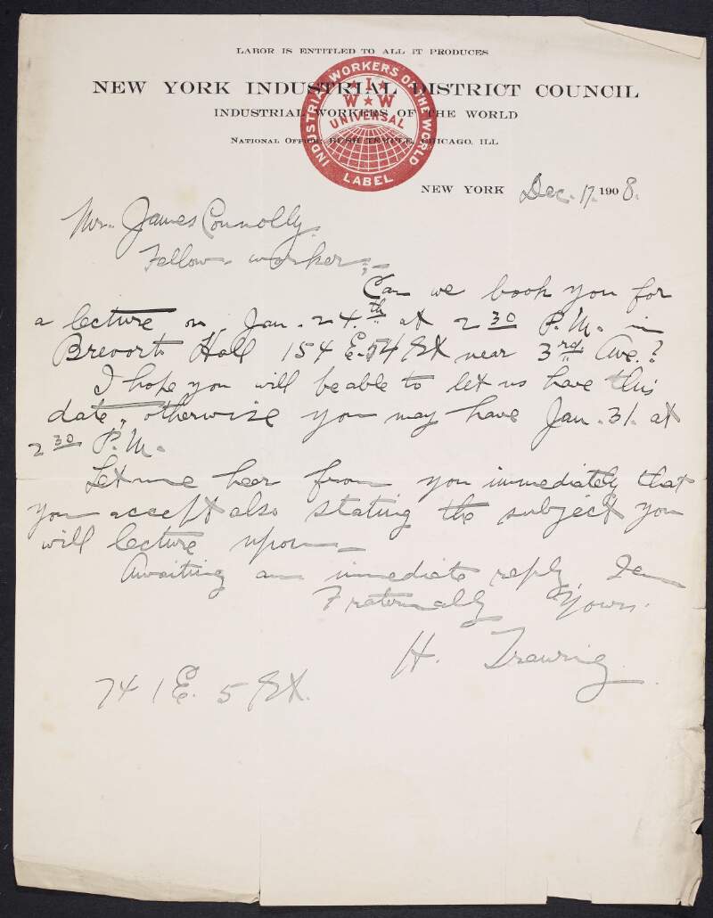 Letter from unidentified author, 741 East 5th St., Brooklyn, New York, to James Connolly requesting that he give a lecture at a meeting in New York on January, 1909,