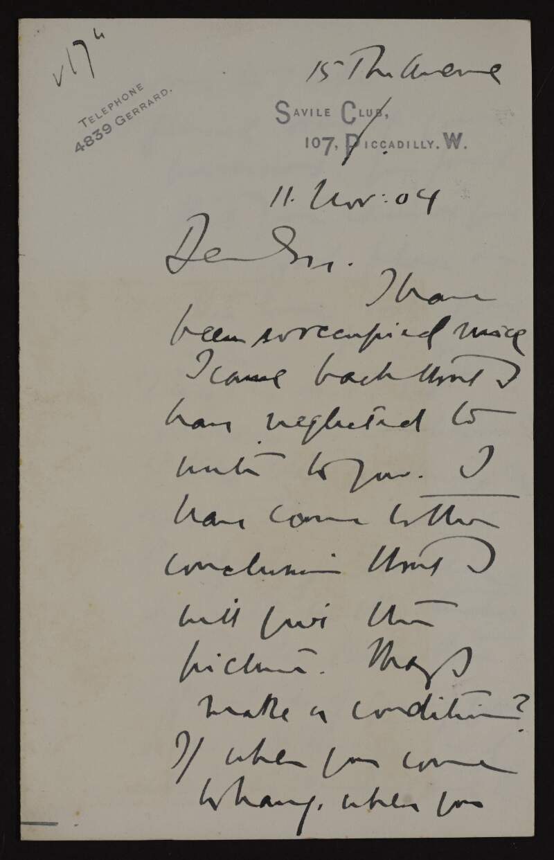 Letter from H. Harris Brown to Hugh Lane regarding Lane's request that he donate a painting to the proposed new gallery of modern art in Dublin and his problems in choosing a suitable work,