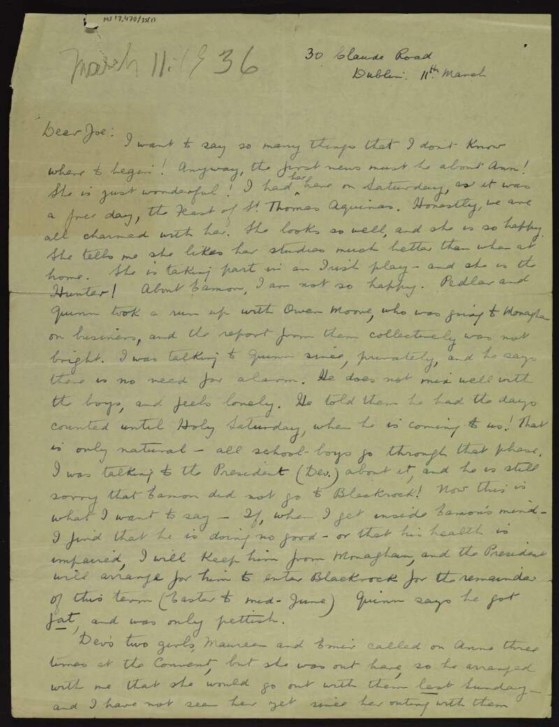 Letter from Katherine O'Doherty to Joseph McGarrity about how wonderful his daughter, Ann, is and how well she is doing at school, and about her social life which includes the two daughters of Éamon de Valera, and how pleased Éamon de Valera was with the letter of sympathy about his heart from Joseph McGarrity,