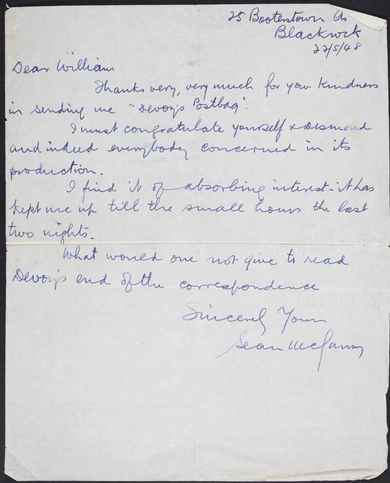 Letter from Sean [McCann?] to William O'Brien thanking him for a copy and congratulation him and everyone invloved in 'Devoy's Postbag',