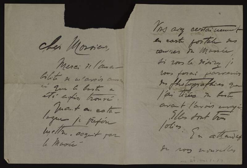 Letter from Naoum Aronson to Hugh Lane regarding his donation of a bust to the proposed new gallery of modern art in Dublin,