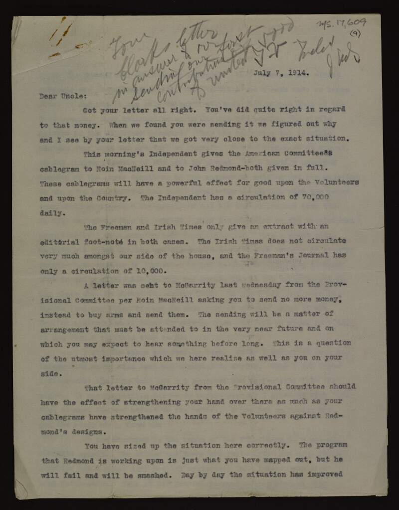 Copy of a letter from Tom Clarke to unidentified recipient in answer to Clan-na-Gael sending their first contribution to the Irish Volunteers in Ireland,