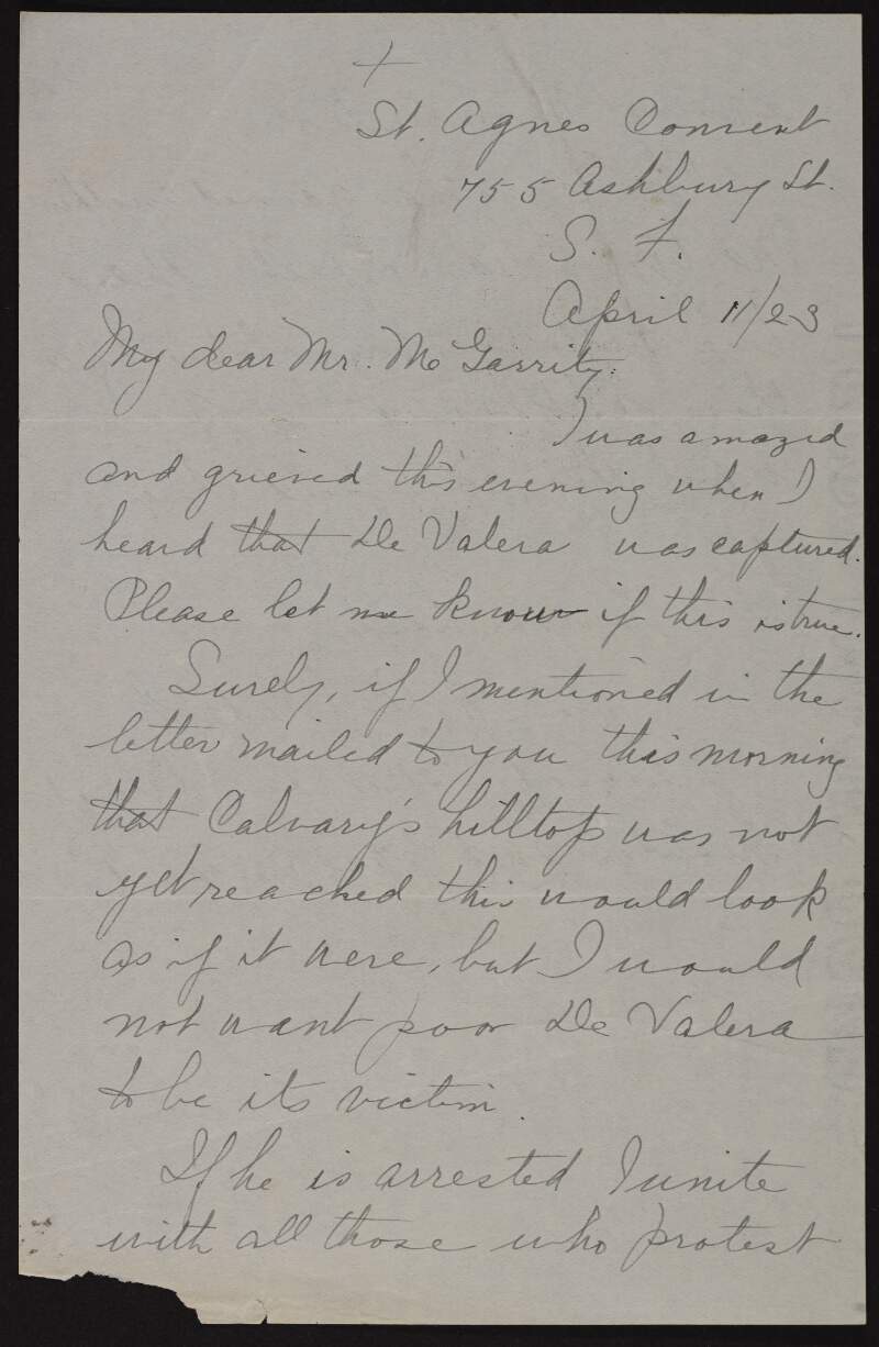Letter from Sr. Mary Patrick Rupert to Joseph McGarrity regarding the capture of Éamon De Valera and the death of Liam Lynch,