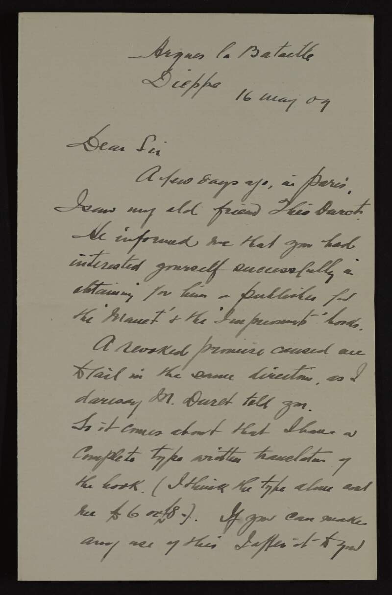 Letter from Wynford Dewhurst to Hugh Lane asking for his assistance in publishing a translation of a book and mentioning his hopes of staging an exhibition of his work,