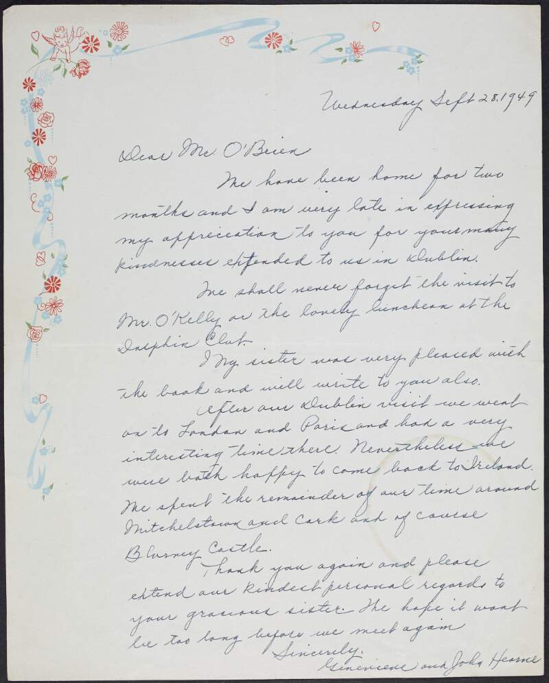 Letter from "Genevieve and John Hearne" to William O'Brien thanking him and his sister, Mary Francis O'Brien, for their kindness during their stay in Ireland and informing him of the various places they visited,