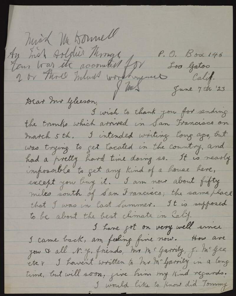 Letter from Mick McDonnell to "Mr. Gleeson" regarding cases sent from Los Angeles to New York, and the difficulties in tracking down a case that went missing,