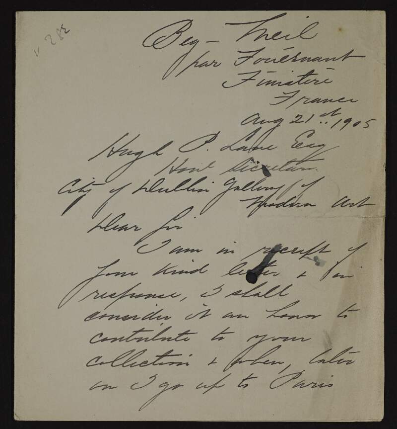Letter from Thomas Alexander Harrison to Hugh Lane agreeing to donate a painting to the new gallery of modern art in Dublin and asking if there are any specifications as to size of canvas,