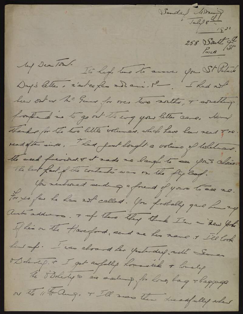 Letter from "Michael" to "Tom" regarding a friend of Tom's coming to visit and the "O'Doherty's" sailing back home,