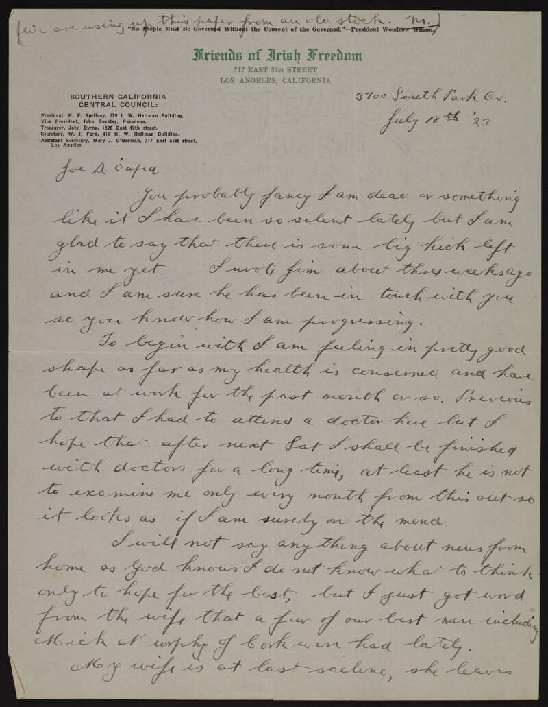 Letter from Mícheál Leahy to Joseph McGarrity regarding his health, arranging for his wife to travel to California when her ship lands, and that "a few of our best men including Mick Murphy of Cork were had lately",