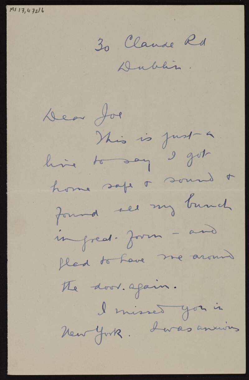 Letter from Séamus O'Doherty to Joseph McGarrity, saying that he is now home and that he missed him while in New York, and discusses those he did meet,
