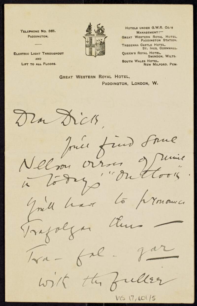 Letter from Roger Casement to Dick Morten regarding the correct pronuciation of "Trafalgar",