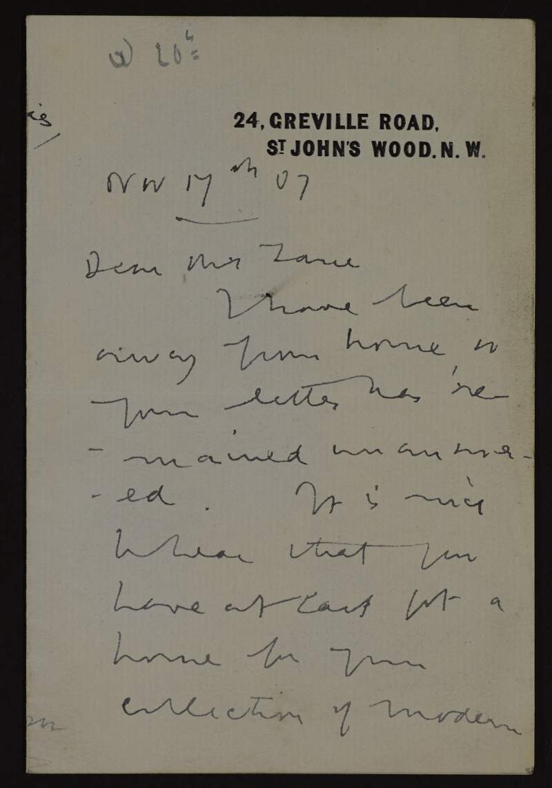 Letter from Sir William Goscombe John to Hugh Lane congratulating him on finding a suitable home for his modern art collection and agreeing to donate a sculpture titled 'Study of a Head',