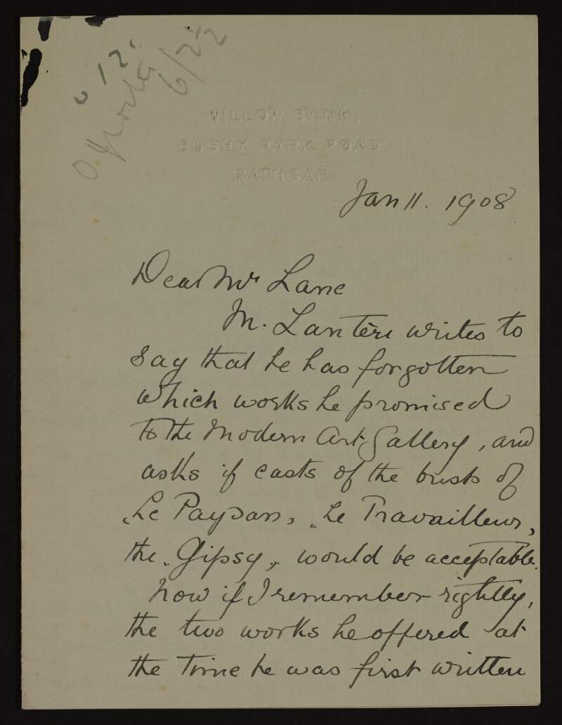 Letter from Lilla Vanston to Hugh Lane regarding a query over which works Edouard Lanteri had agreed to donate to the new modern art gallery,