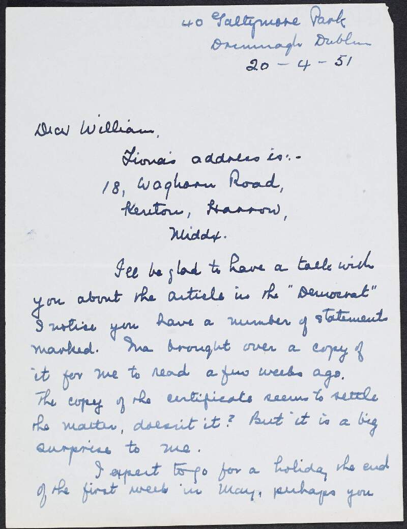 Letter from Nora [Connolly O'Brien] to William O'Brien providing him with the address of "Fiona" in Middlesex and discussing an article in the 'Demorcrat',