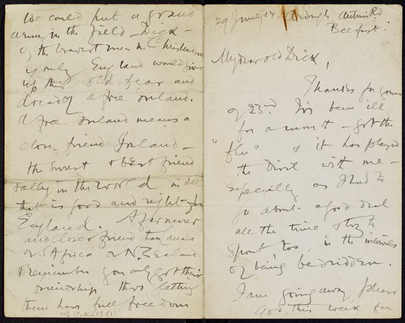 Letter from Roger Casement to Dick Morten concerning his views regarding the Irish situation,