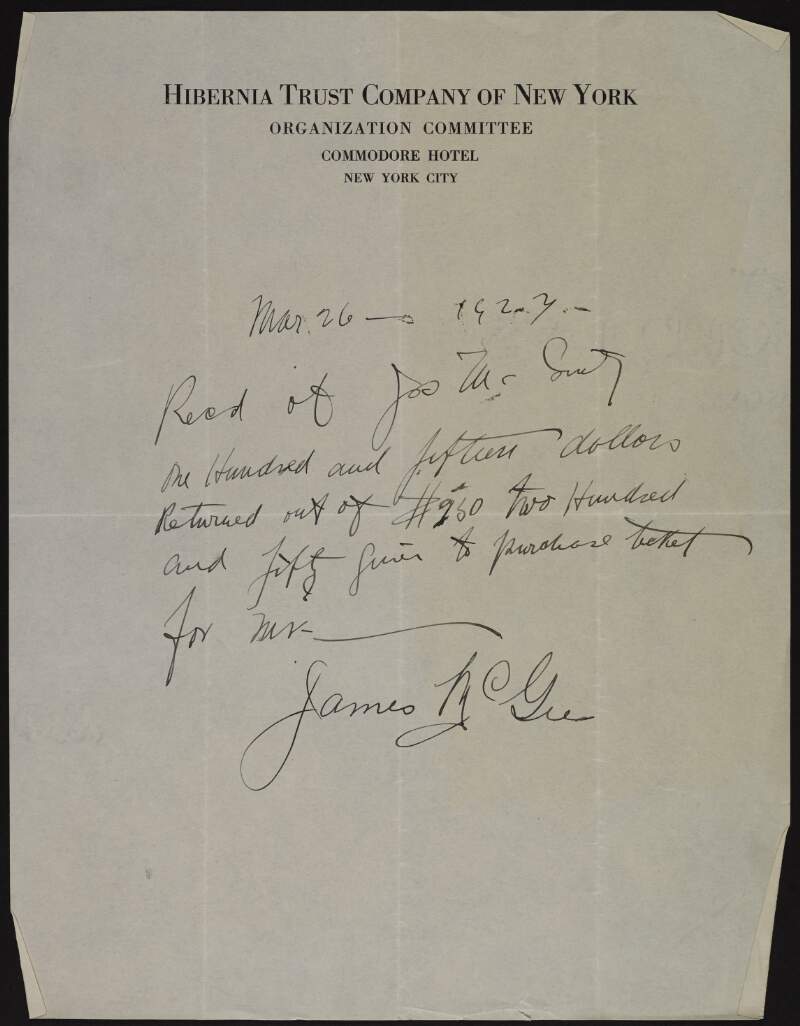 Receipt signed by James McGee for $115 paid by Joseph McGarrity on a loan to buy a ticket,