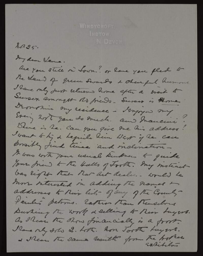 Letter from Francis E. James to Hugh Lane describing a recent exhibition and sales of his work and complaining about the weather,