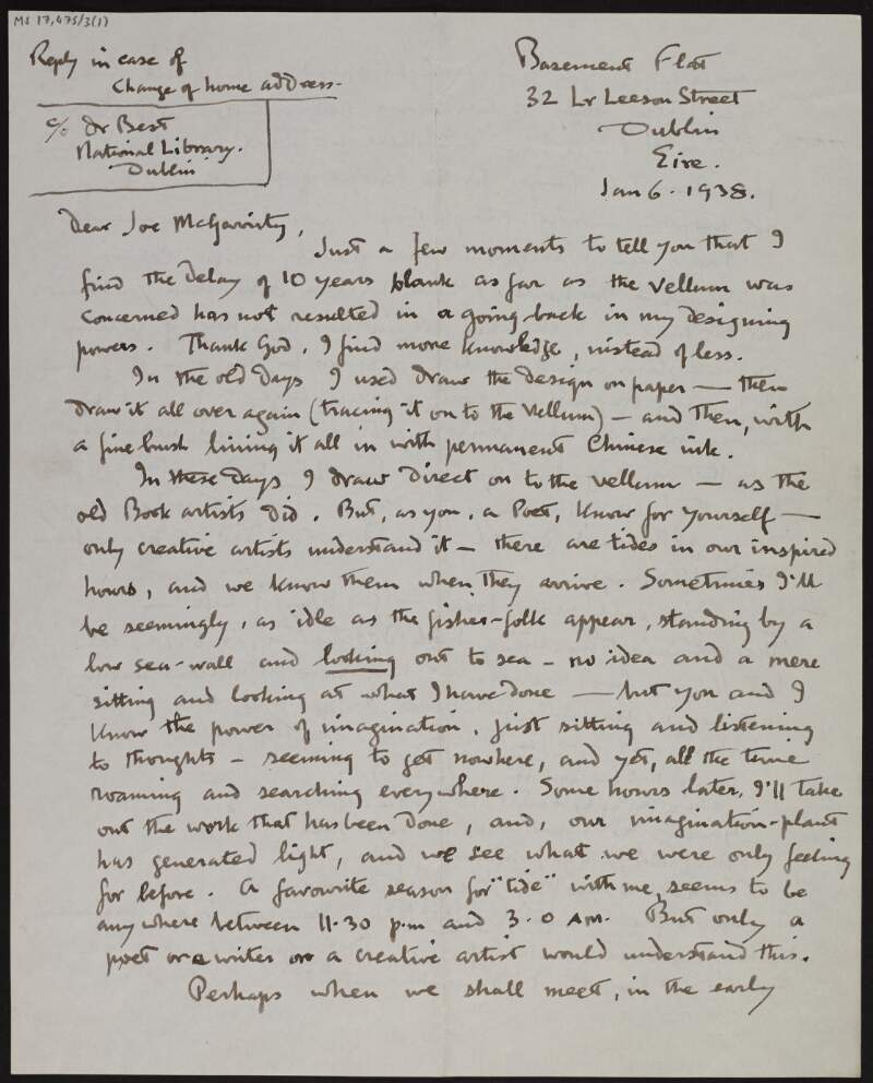Letter from Art O'Murnaghan to Joseph McGarrity, discussing his past and current work with vellum, how he hopes they could meet in the summer and plan art together, the spiritual significance of Tara past and present and the view in Classical writings of Ireland as a spiritual place, and his views on how life and death are connected,