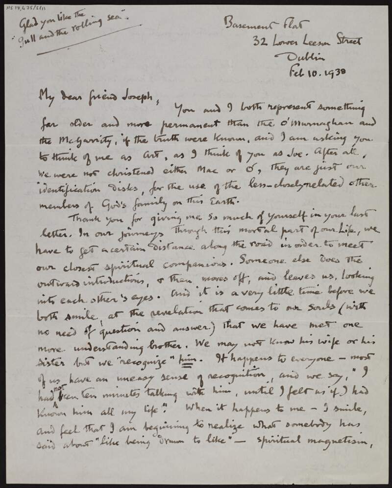 Letter from Art O'Murnaghan to Joseph McGarrity, asking to be on a first-name basis, discussing the nature of friendship, complaining at how the committee for the memorial book project is insisting that the book be finished by 6 months as the project is for the future as much as the present,