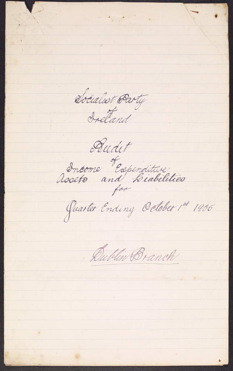 Audited account of the Dublin Branch of the Socialist Party of Ireland from July to September 1905,