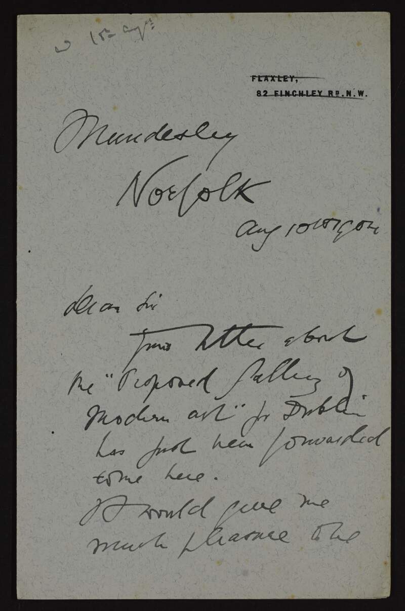 Letter from Briton Rivière to Hugh Lane agreeing to donate a sketch or study to the new modern art gallery in Dublin and hoping to contribute an oil painting at a later date,