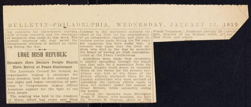 Newspaper article entitled "Urge Irish Republic" from the 'Philadelphia Bulletin',