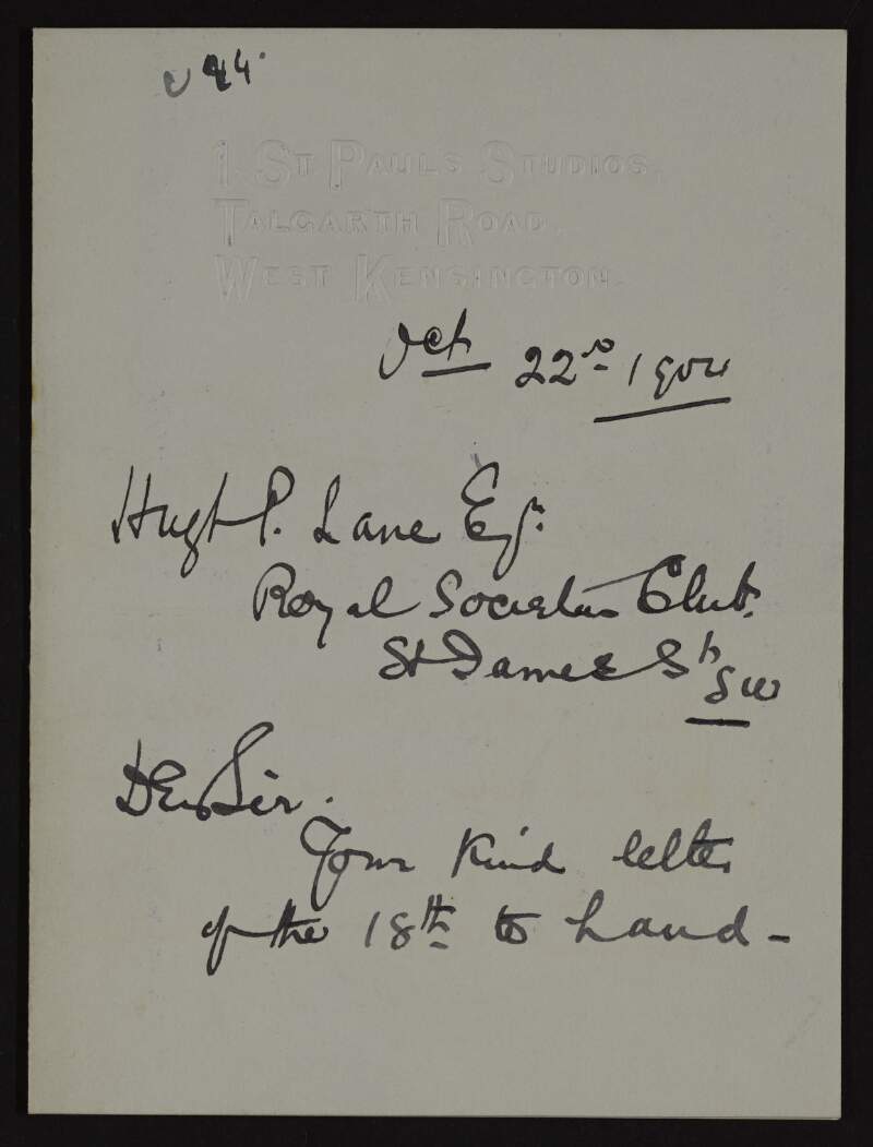 Letter from Grosvenor Thomas to Hugh Lane agreeing to donate a picture to the new modern art gallery in Dublin and asking for confirmation that the picture would be a gift from the artist to the gallery,