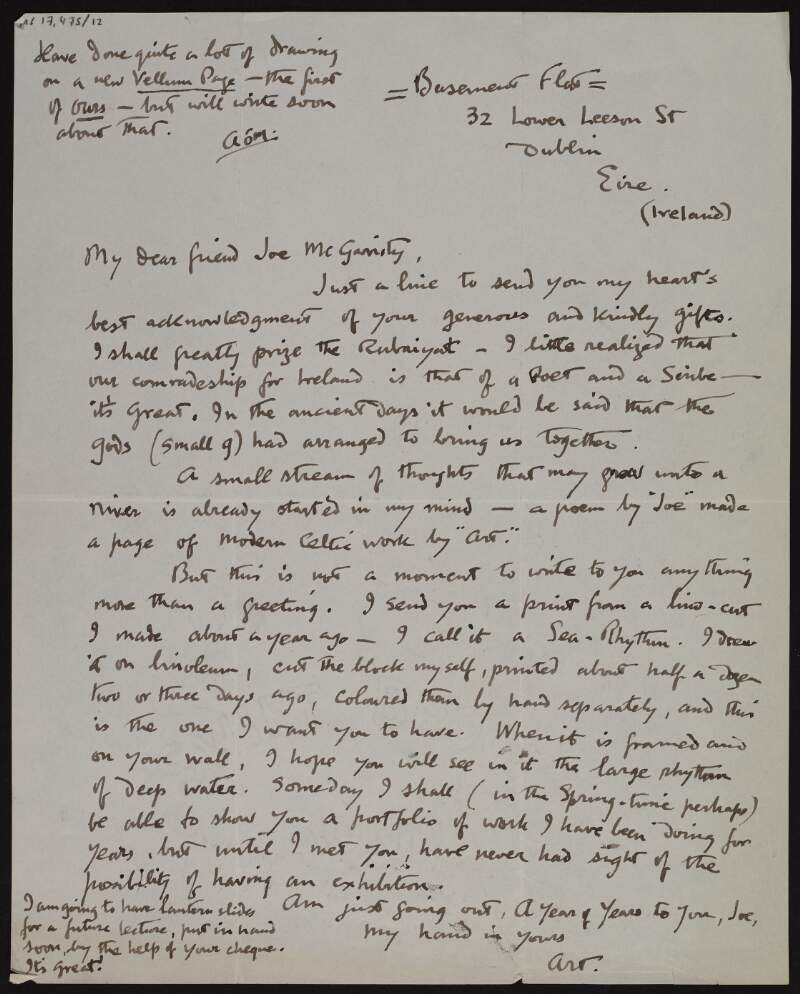 Letter from Art O'Murnaghan to Joseph McGarrity, thanking him for his gifts, comparing their "comradeship for Ireland [as] that of a poet and a scribe", sending him a print titled 'A Sea-Rhythm' in return, and how he is working on a new vellum page,
