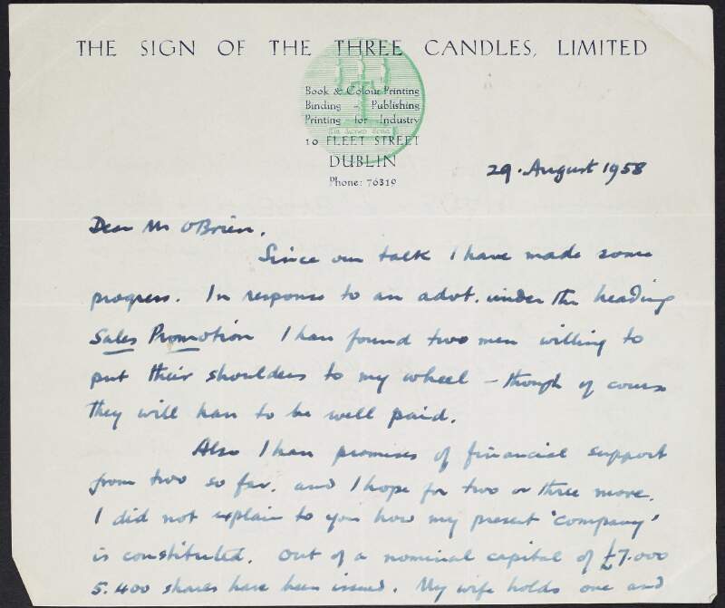 Letter from Colm Ó Lochlainn to William O'Brien regarding procuring two men for a job in "sales promotion", acquiring two promises of financial support and describing how is company is "constituted",