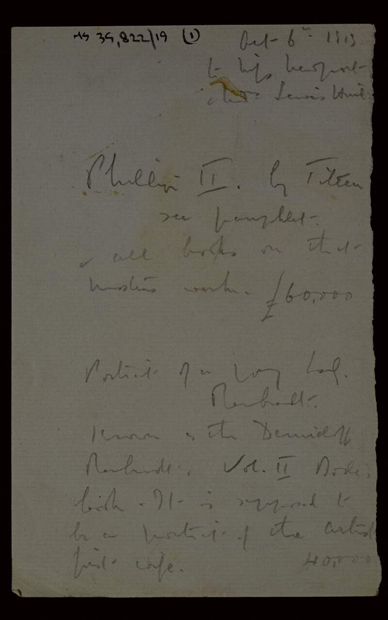 List by Sir Hugh Lane for Mary Morgan Newport of four paintings for sale, with prices,