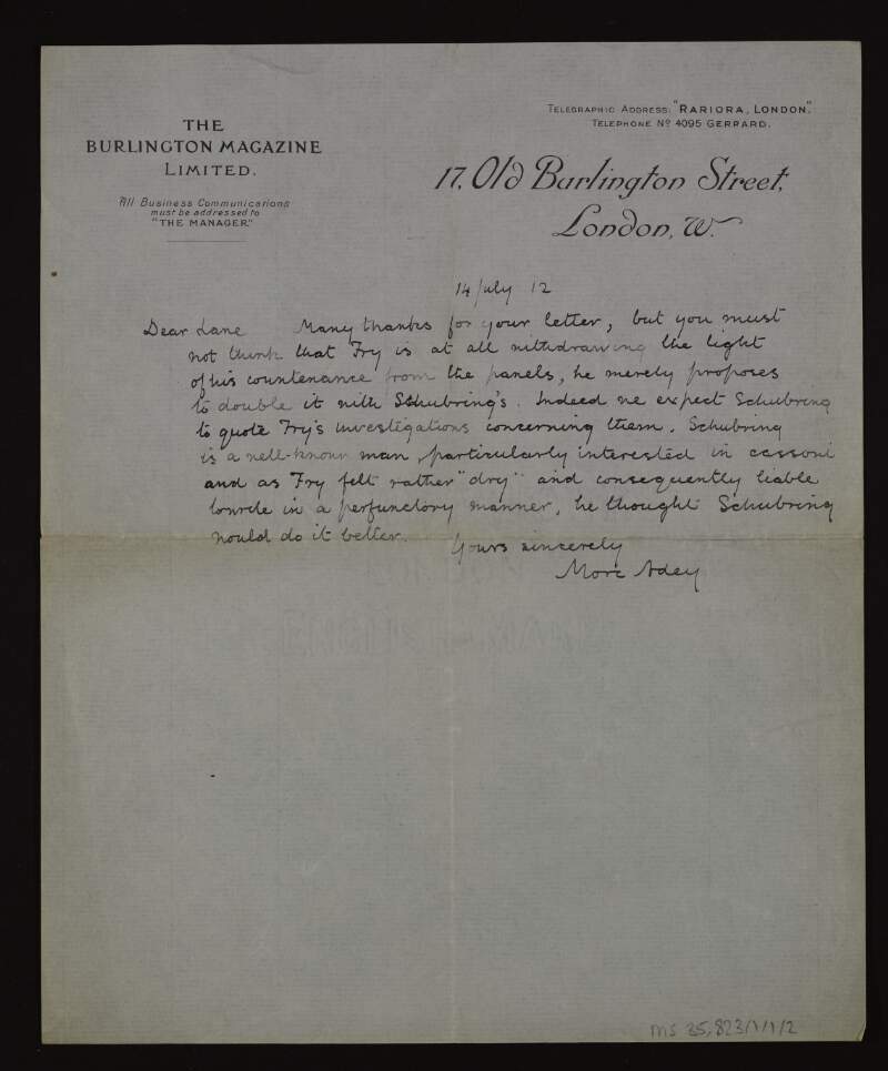 Letter from William More Adey to Hugh Lane informing him that editor Roger E. Fry will work with Paul Schubring on his article about cassoni panels,