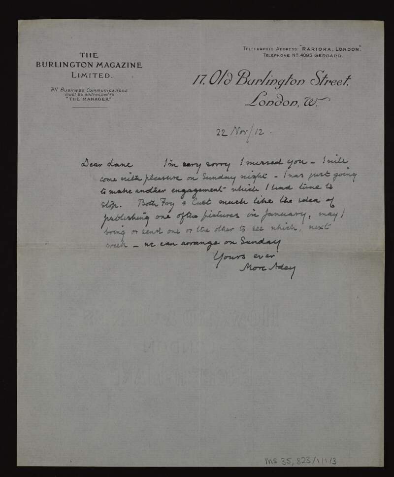 Letter from William More Adey to Hugh Lane informing him that editors Roger E. Fry and Lionel Cust will be happy to publish one of the pictures in an article on cassoni panels in January,