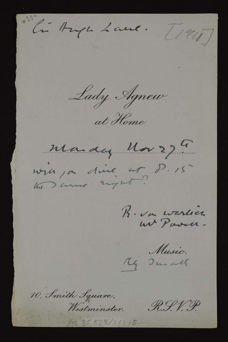 Invitation from Lady Fanny Agnew to Sir Hugh Lane to dine on 27 November,