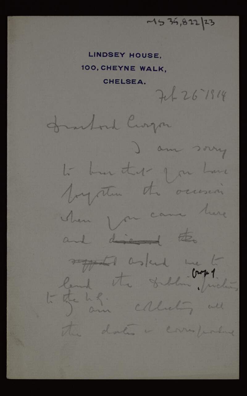 Draft of a letter from Sir Hugh Lane to Lord Curzon regarding the circumstances in which Lane offered to lend paintings to the National Gallery, London,