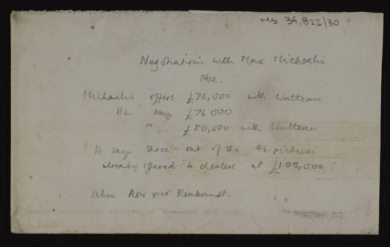 Note of negotiations over paintings between Hugh Lane and Max Michaelis,