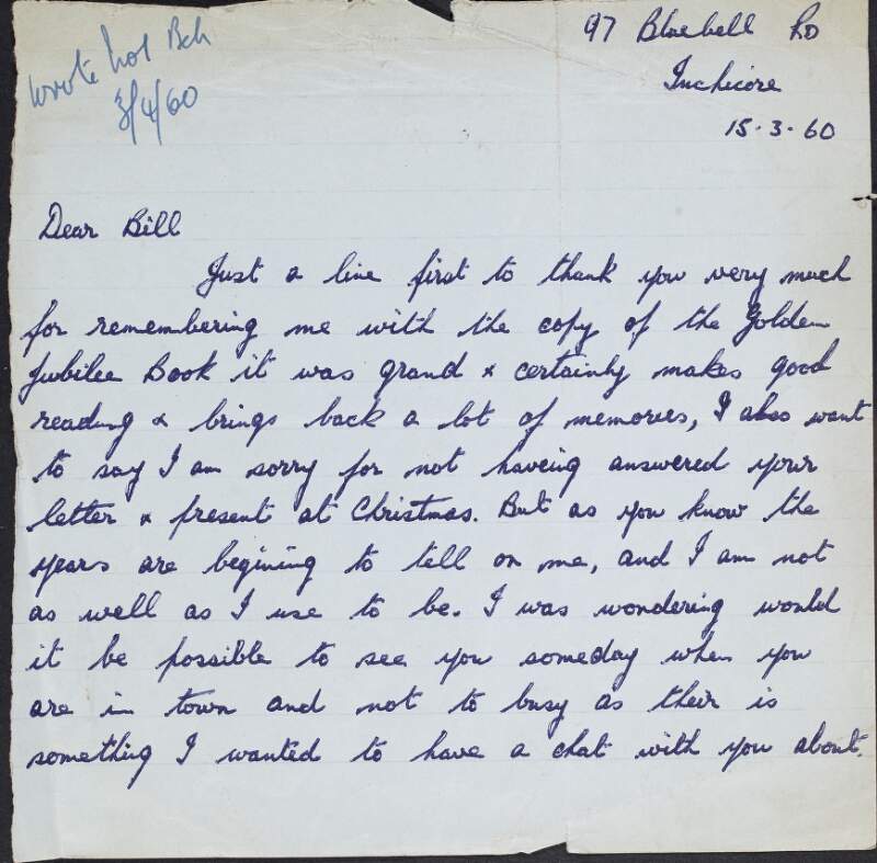 Letter from Joe Mahony to William O'Brien thanking him for a copy of the Golden Jubilee Book of the Irish Transport and General Workers' Union and arranging a meeting for them as their is something he wants to have "a chat" about,