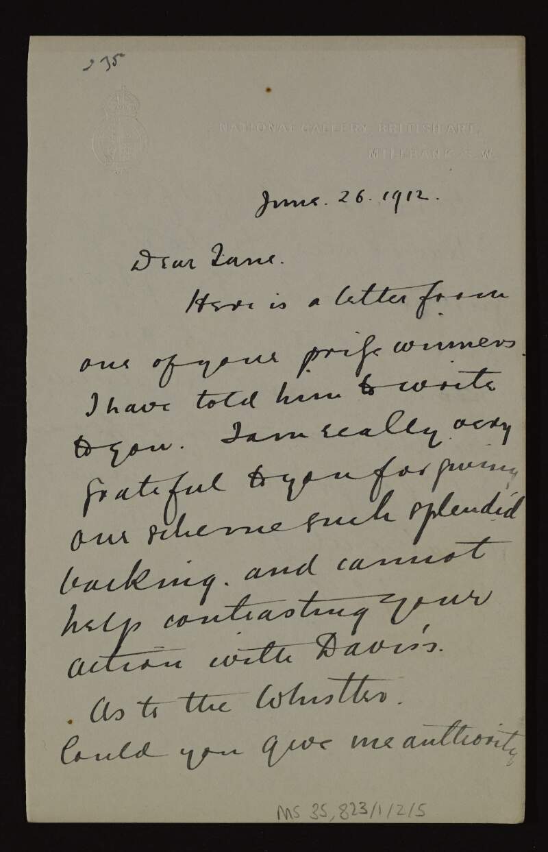 Letter from Charles Aitken, Keeper of the Tate Gallery, to Sir Hugh Lane thanking him for backing his scheme and asking to borrow a painting by James Whistler,
