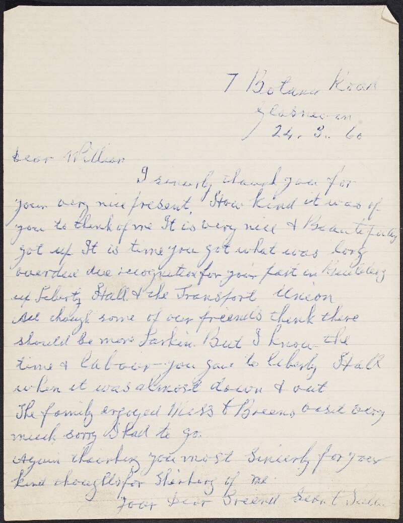 Letter from Sean C. [Solter?] to William O'Brien thanking him for the Golden Jubille Book fo the Irish Transport and General Workers' Union and expressing he believes the recognition O'Brien is receiving now has been long overdue,