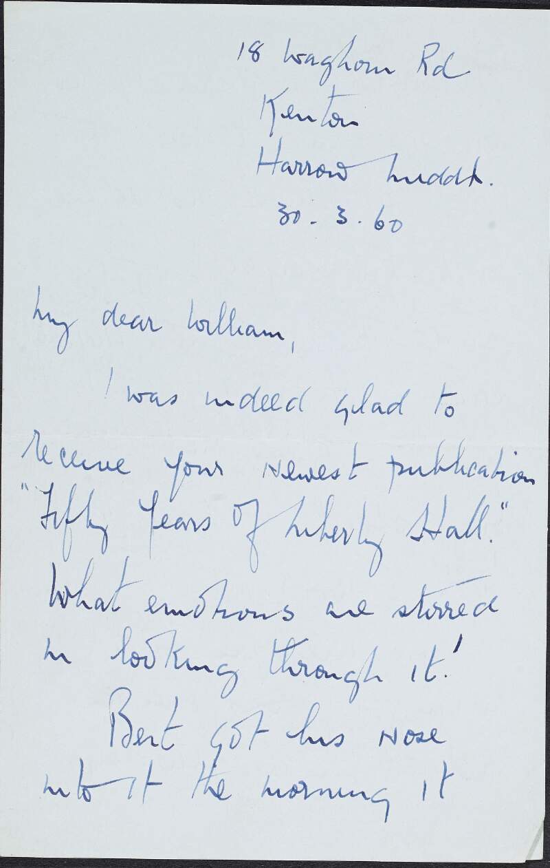 Letter from Fiona [Connolly Edwards] to William O'Brien thanking him for a copy of 'Fifty Years of Liberty Hall', informing him of her time in Dublin and how it was tied up due to Seamus' illness, and asking after "Cissie" [Mary Francis O'Brien],
