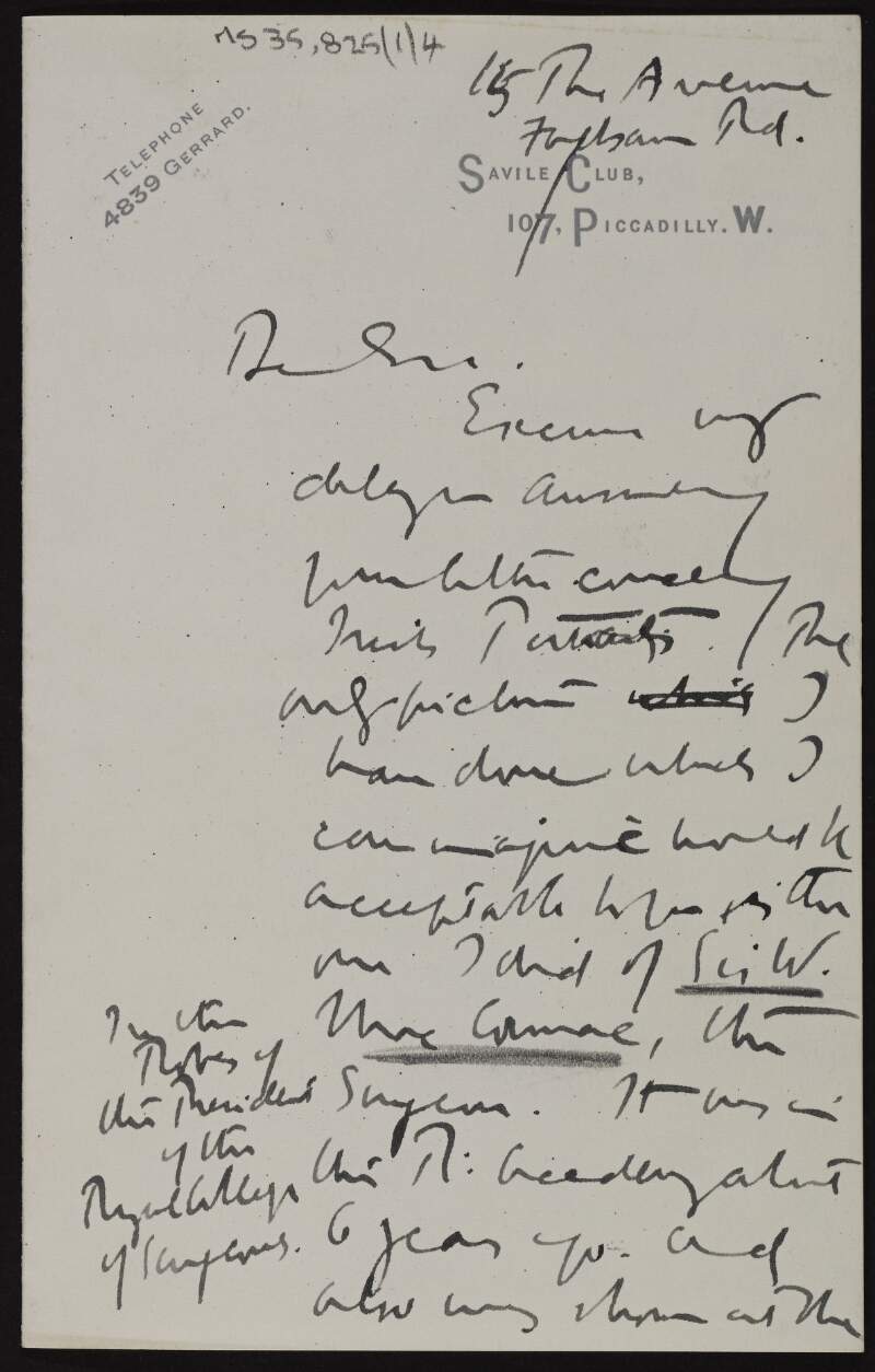 Letter from H. Harris Brown to Grant Richards regarding his portraits of Irish subjects,