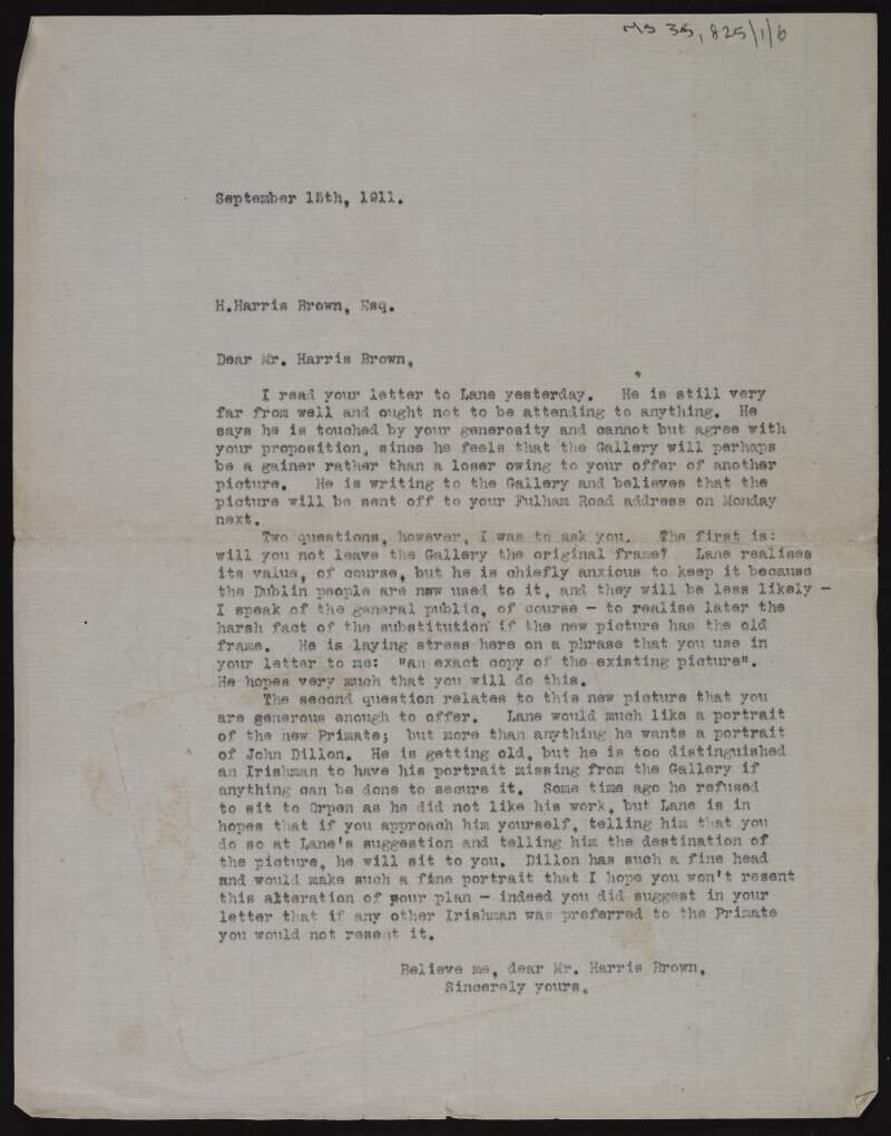Copy of a letter from Grant Richards to H. Harris Brown accepting Brown's offer to Hugh Lane of a copy of a painting of Archbishop Alexander, Primate of All Ireland, and another portrait,