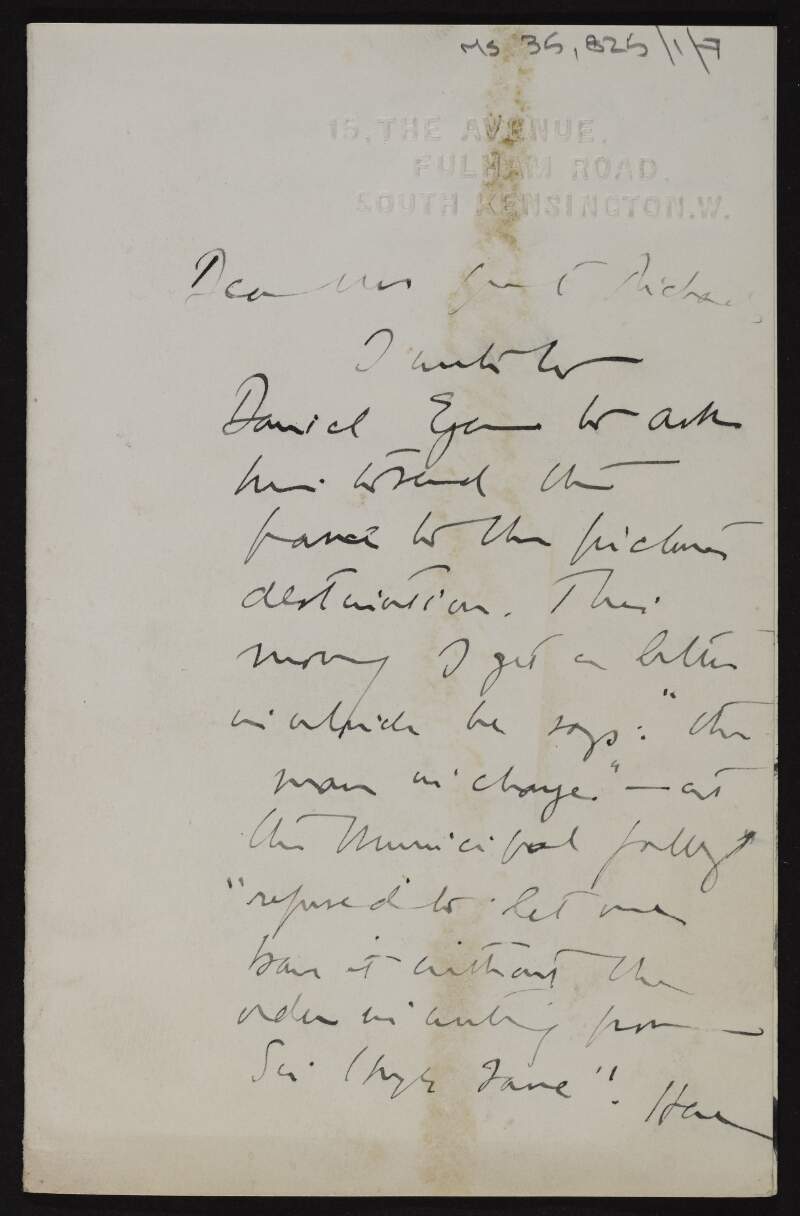Letter from H. Harris Brown to Grant Richards asking for his assistance regarding the refusal by the Municipal Gallery of Modern Art to release a picture frame without Hugh Lane's approval,