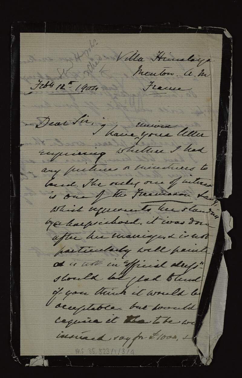 Letter from Robert Aldworth to Sir Hugh Lane regarding the painting of the Freemason Elizabeth Aldworth which he will lend to Lane if it is well insured,
