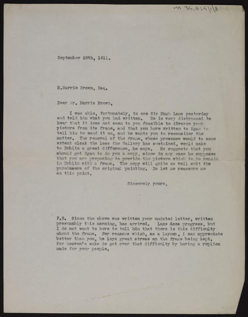 Copy of letter from Grant Richards to H. Harris Brown asking that he copy a picture frame rather than require the Municipal Gallery of Modern Art to return it,